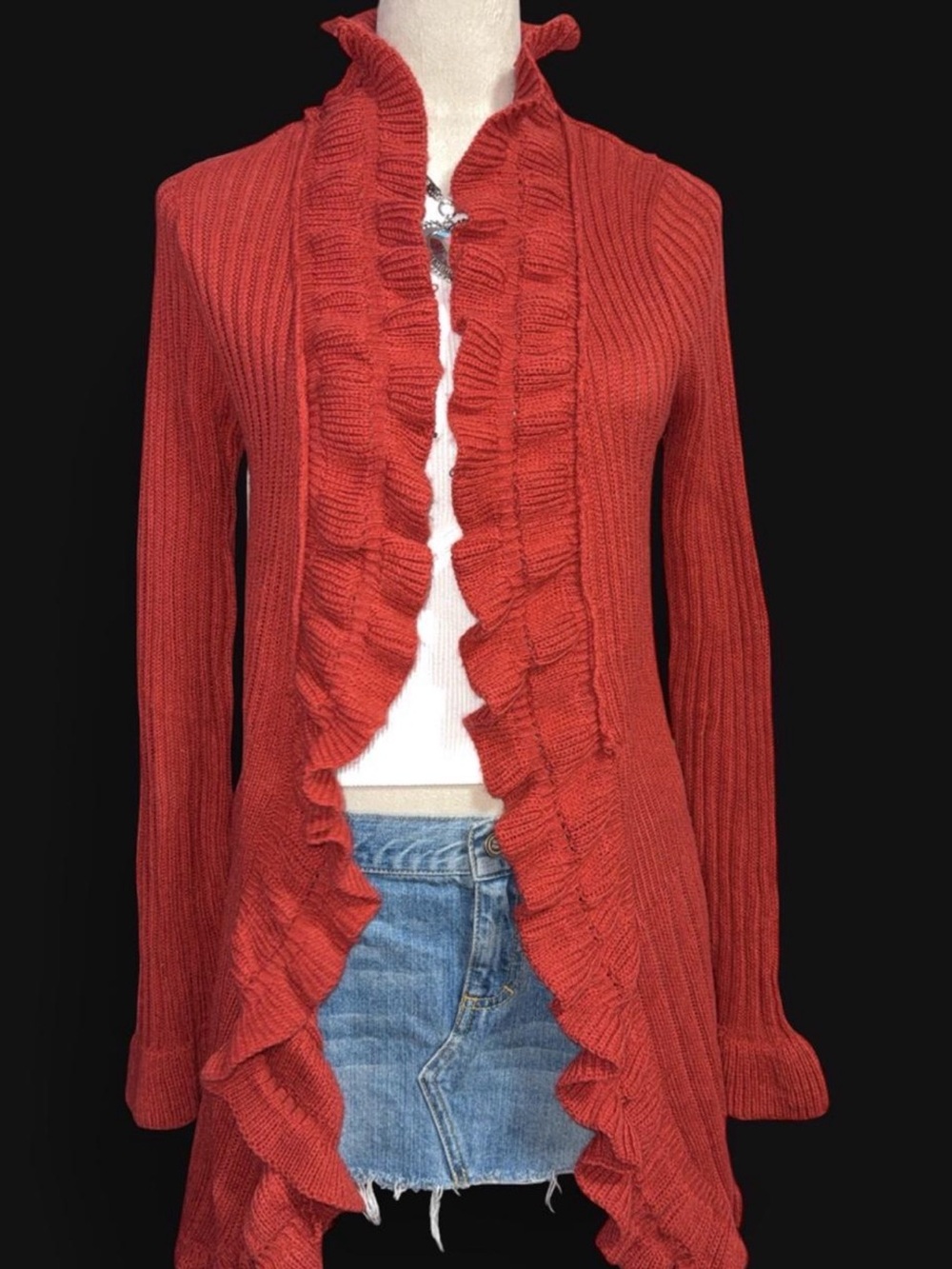 2B Bebe Rust Ruffle-Trim Open Tie-Front Cardigan - Picture 3 of 5
